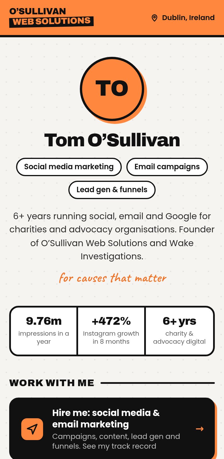 Example link in bio page on a phone, with branded buttons for hiring, websites, WhatsApp and projects