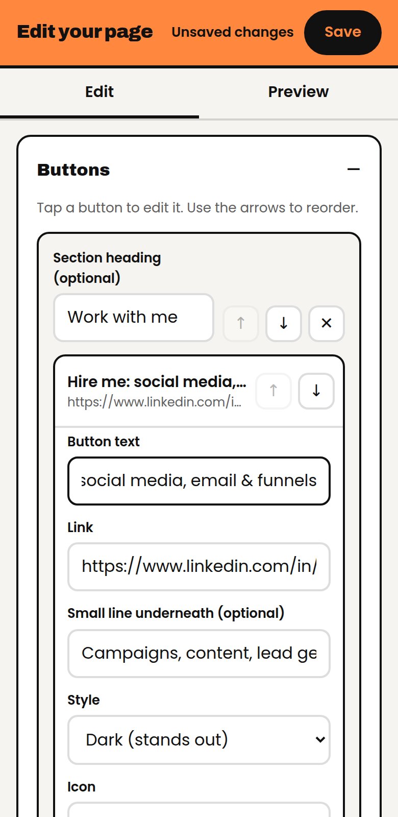 The link page editor on a phone, editing a button's text, link, style and icon