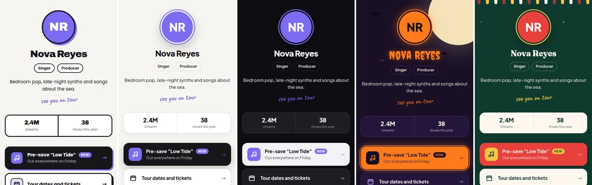One link page shown in five different looks, including Halloween and Christmas themes